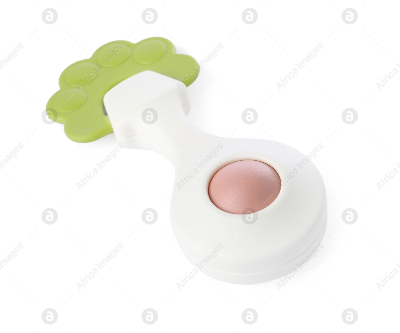 Photo of Colorful rattle isolated on white. Baby accessory