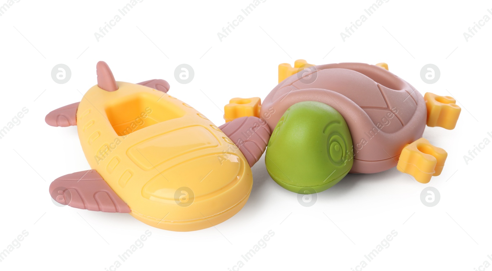 Photo of Colorful rattles isolated on white. Baby accessories