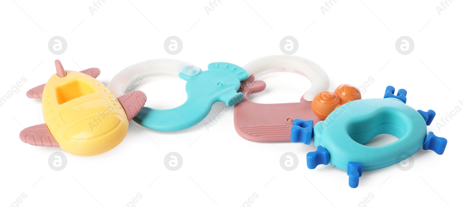 Photo of Colorful rattles isolated on white. Baby accessories