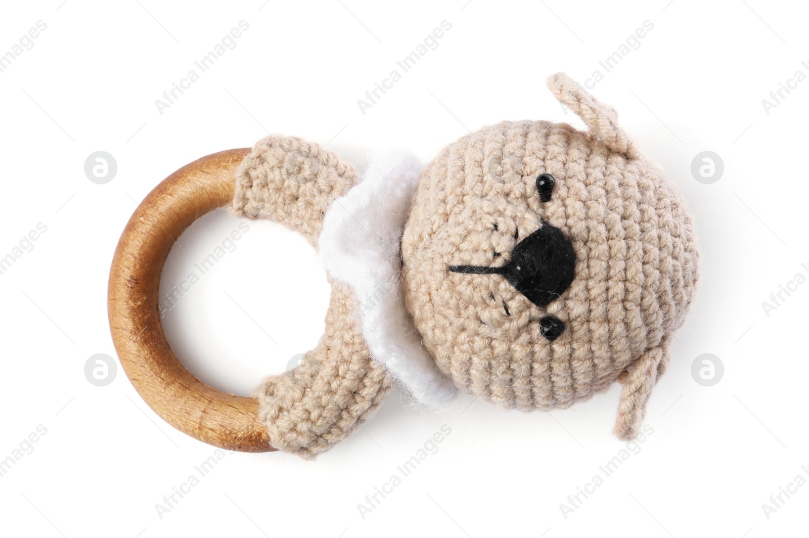 Photo of Wooden rattle isolated on white, top view. Baby accessory