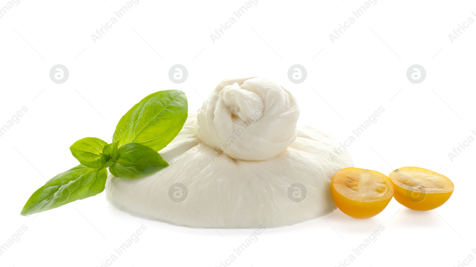 Photo of Fresh burrata cheese, cut cherry tomato and basil leaves isolated on white