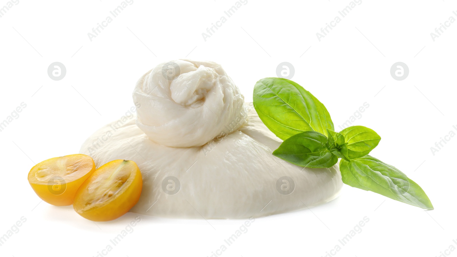 Photo of Fresh burrata cheese, cut cherry tomato and basil leaves isolated on white