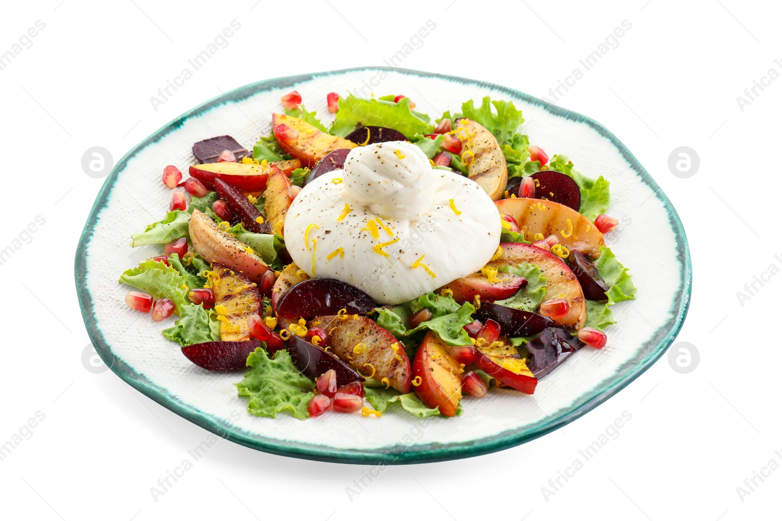 Photo of Plate with fresh burrata salad isolated on white