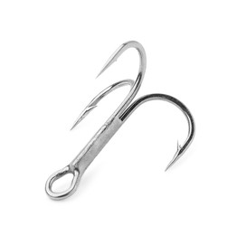 Photo of One metal hook isolated on white. Fishing equipment