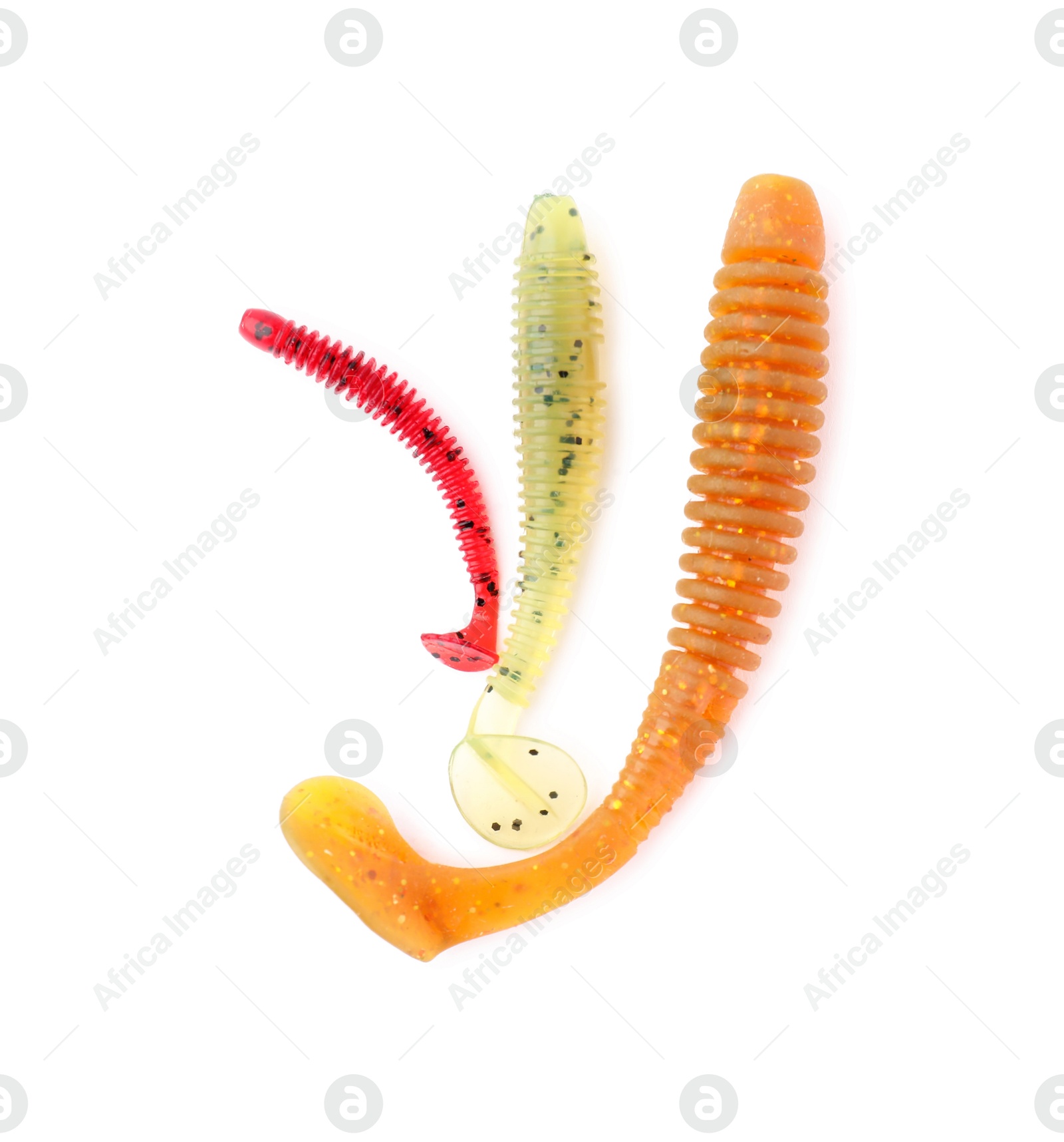 Photo of Fishing lures isolated on white, top view