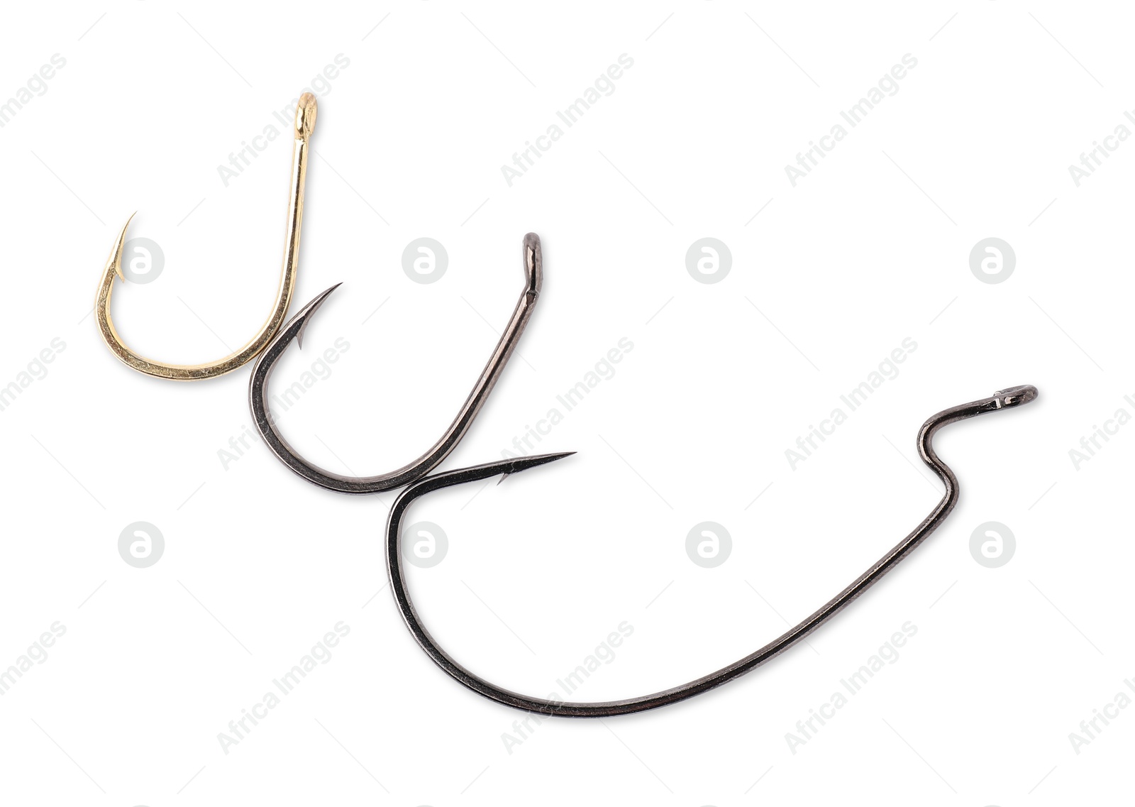 Photo of Fishing hooks isolated on white, above view