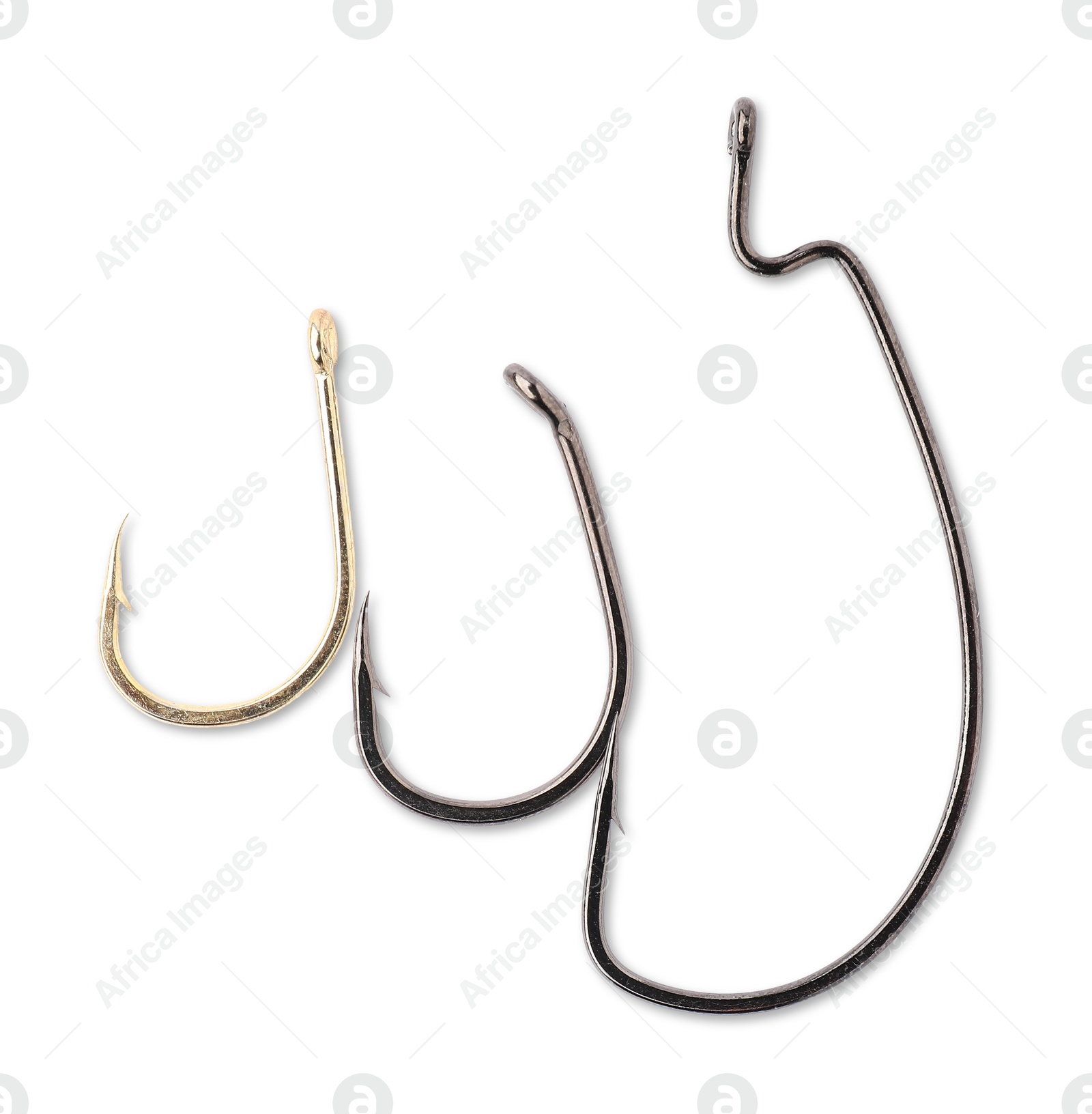 Photo of Fishing hooks isolated on white, top view