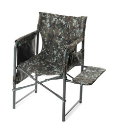 Photo of One folding camouflage chair isolated on white. Fishing equipment