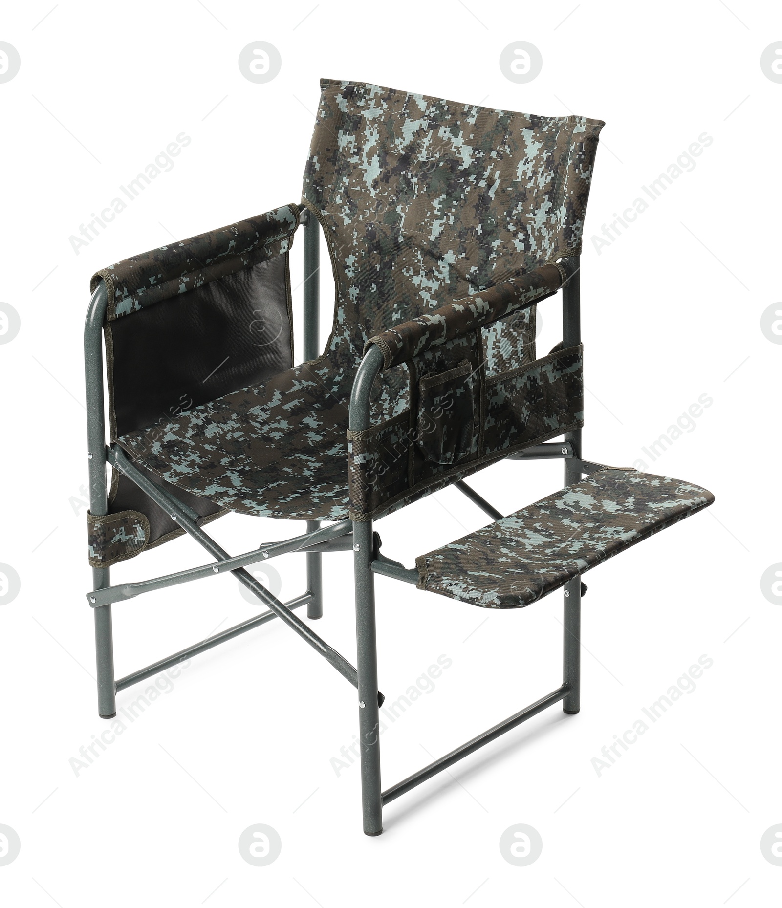 Photo of One folding camouflage chair isolated on white. Fishing equipment