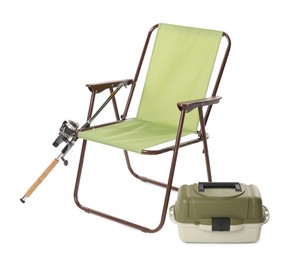 Photo of Folding chair, tackle box and fishing spinning isolated on white