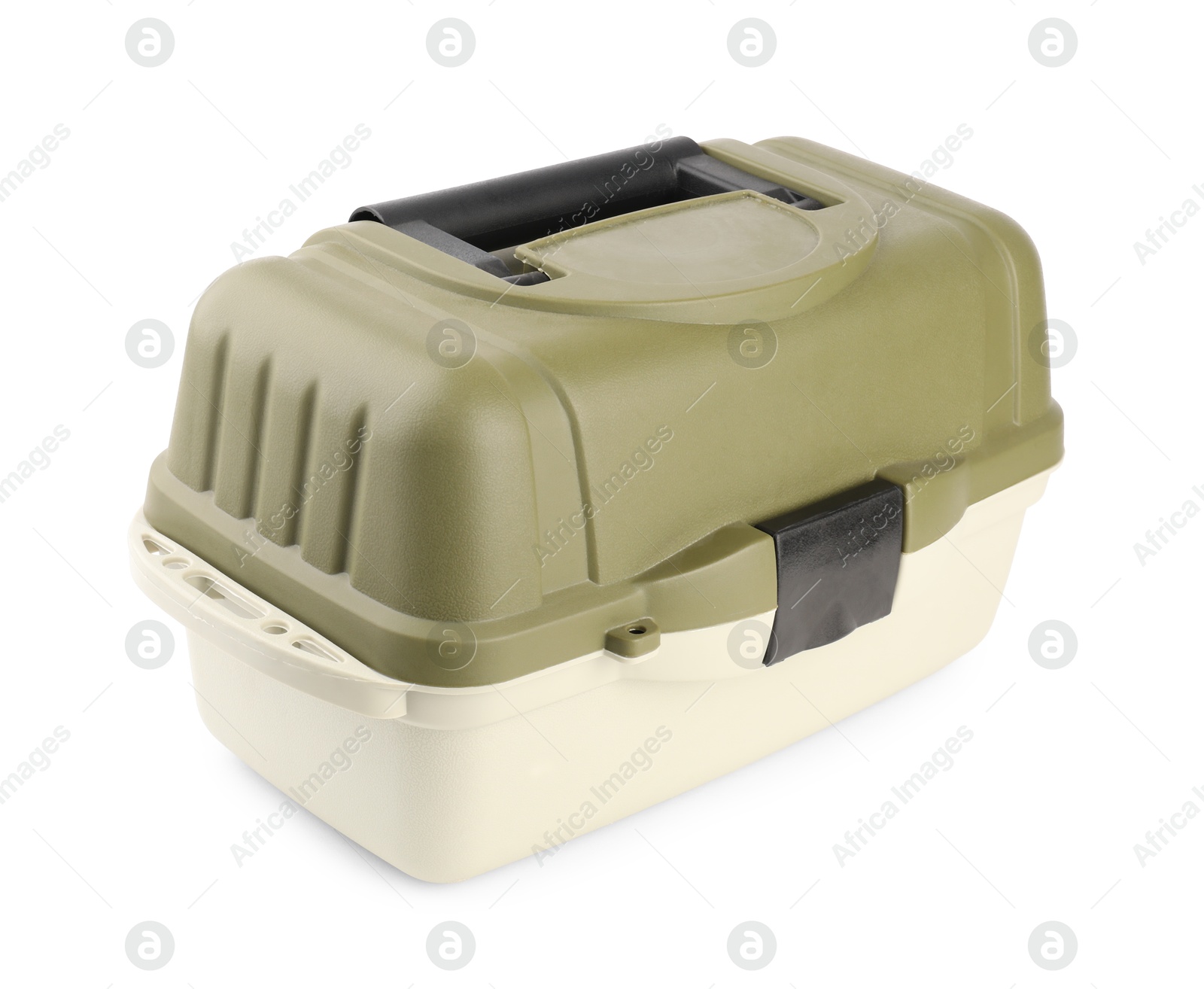 Photo of One tackle box isolated on white. Fishing equipment