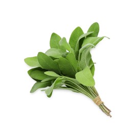 Photo of Bunch of green sage leaves isolated on white, top view