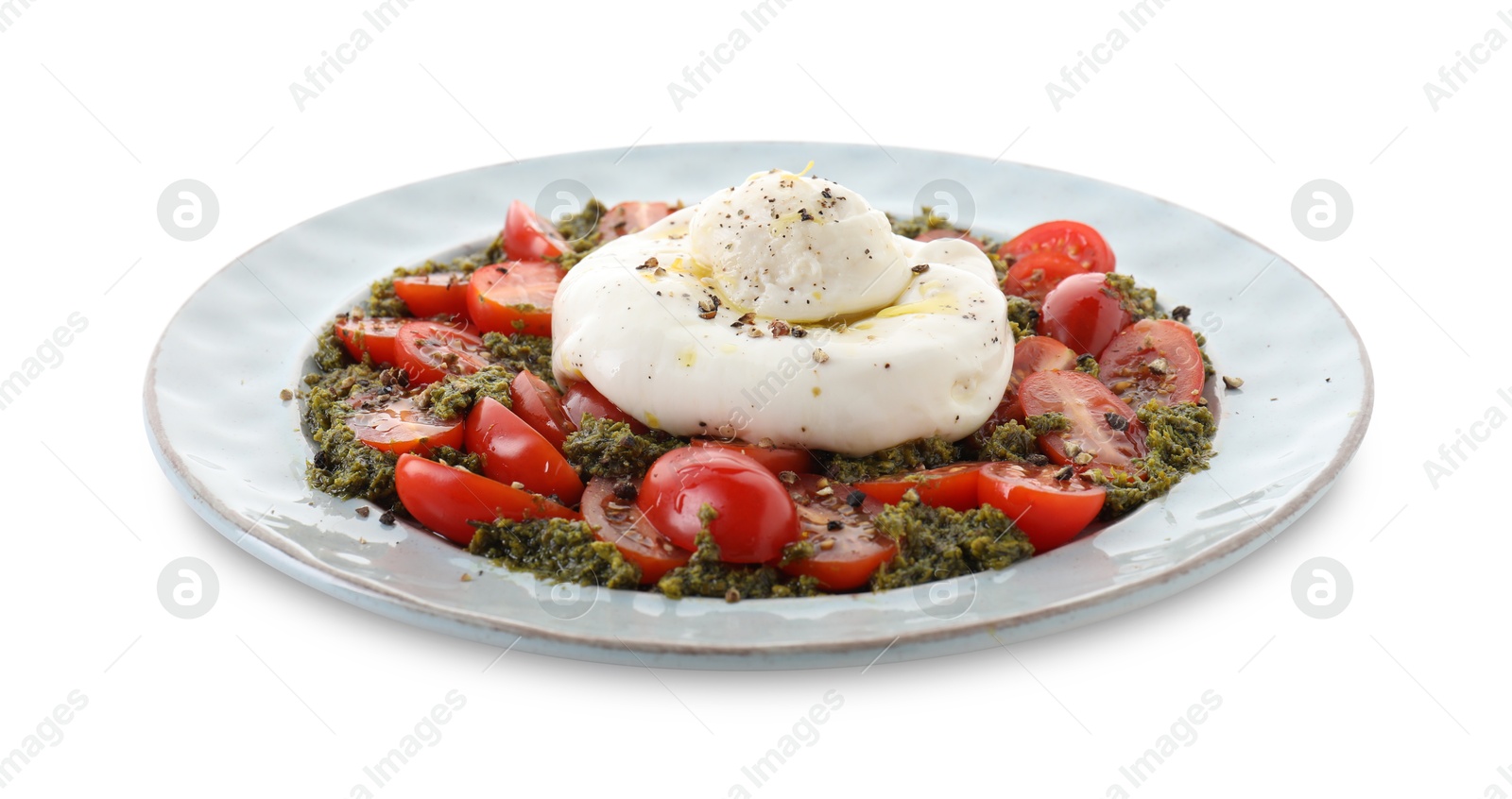 Photo of Fresh delicious burrata salad isolated on white