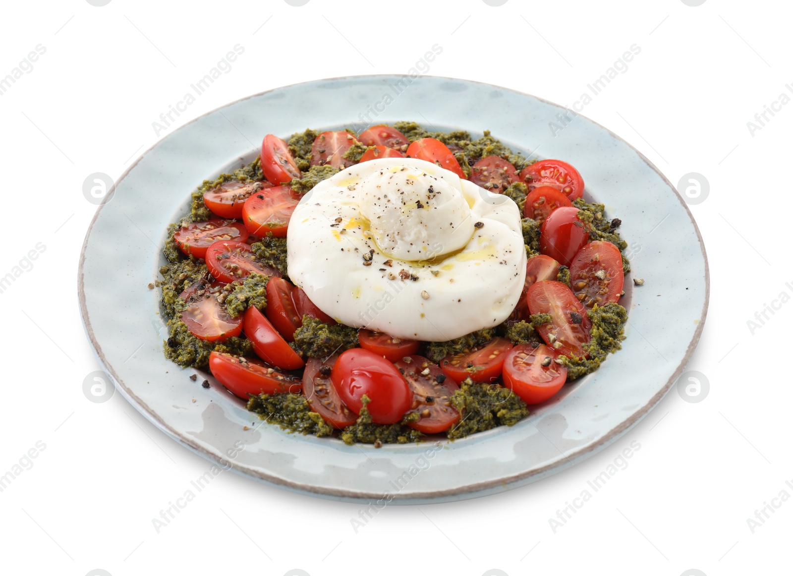 Photo of Fresh delicious burrata salad isolated on white