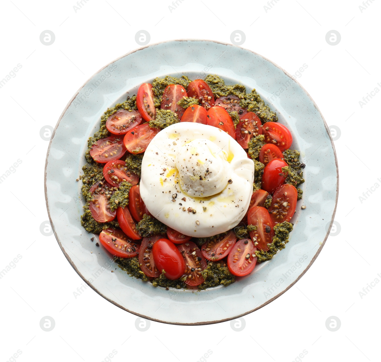 Photo of Fresh delicious burrata salad isolated on white, top view