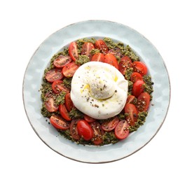 Photo of Fresh delicious burrata salad isolated on white, top view