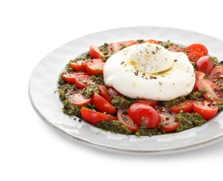 Photo of Fresh delicious burrata salad isolated on white