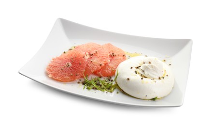 Photo of Delicious burrata cheese, grapefruit and spices isolated on white