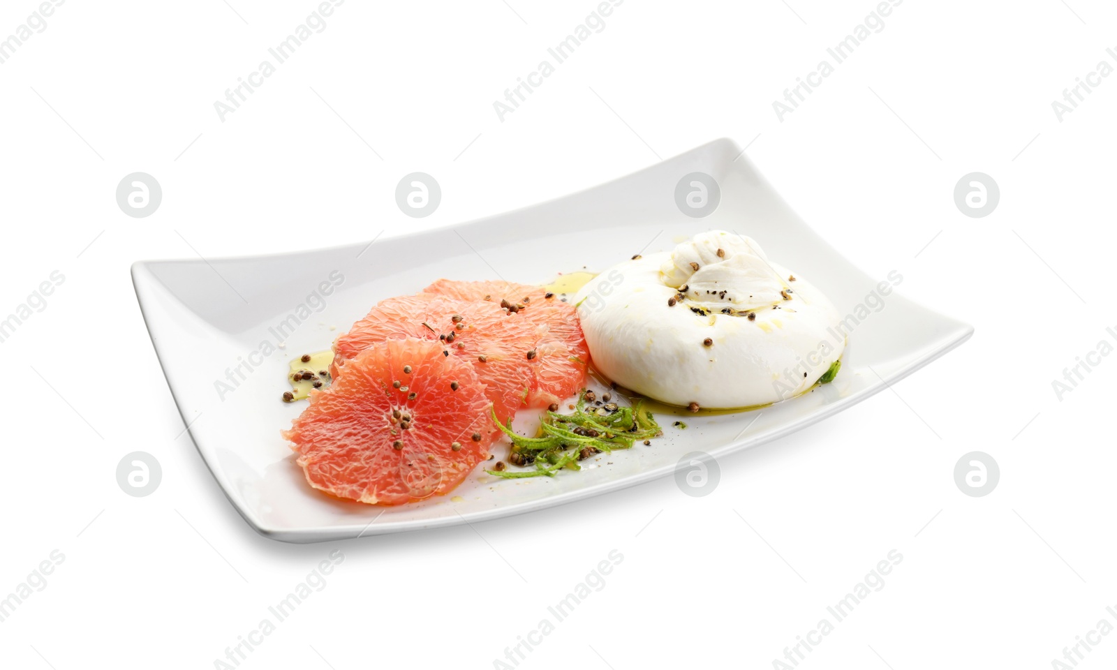 Photo of Delicious burrata cheese, grapefruit and spices isolated on white