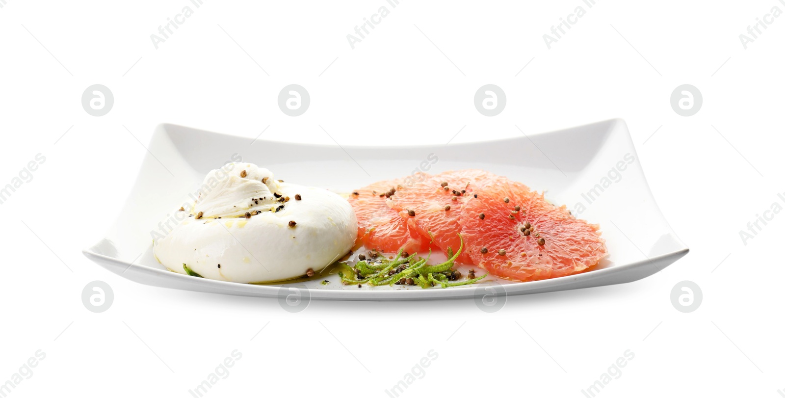 Photo of Delicious burrata cheese, grapefruit and spices isolated on white