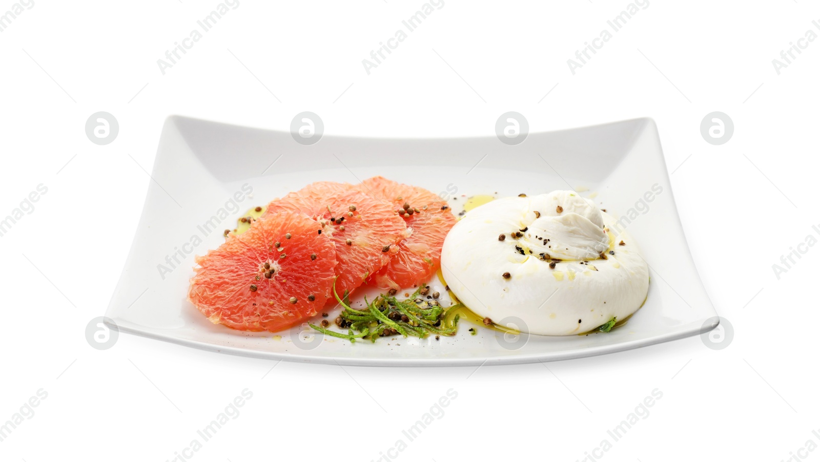 Photo of Delicious burrata cheese, grapefruit and spices isolated on white