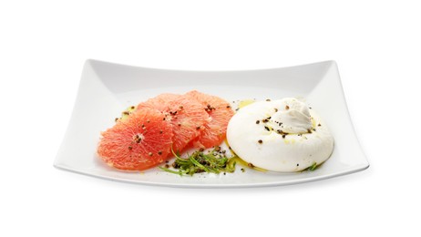 Delicious burrata cheese, grapefruit and spices isolated on white