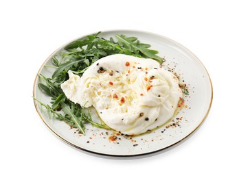 Photo of Delicious burrata cheese, arugula and spices isolated on white