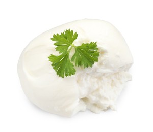 Delicious burrata cheese and parsley isolated on white, above view