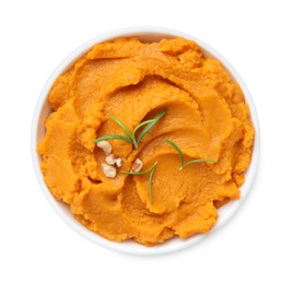 Photo of Delicious mashed sweet potatoes with rosemary and nuts in bowl isolated on white, top view