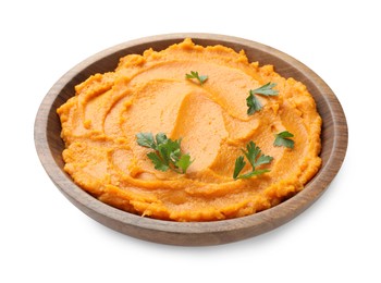 Photo of Delicious mashed sweet potatoes with parsley in bowl isolated on white