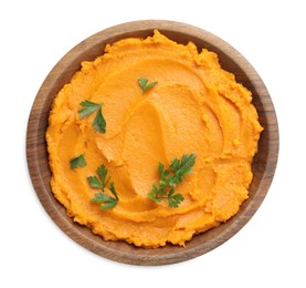 Photo of Delicious mashed sweet potatoes with parsley in bowl isolated on white, top view