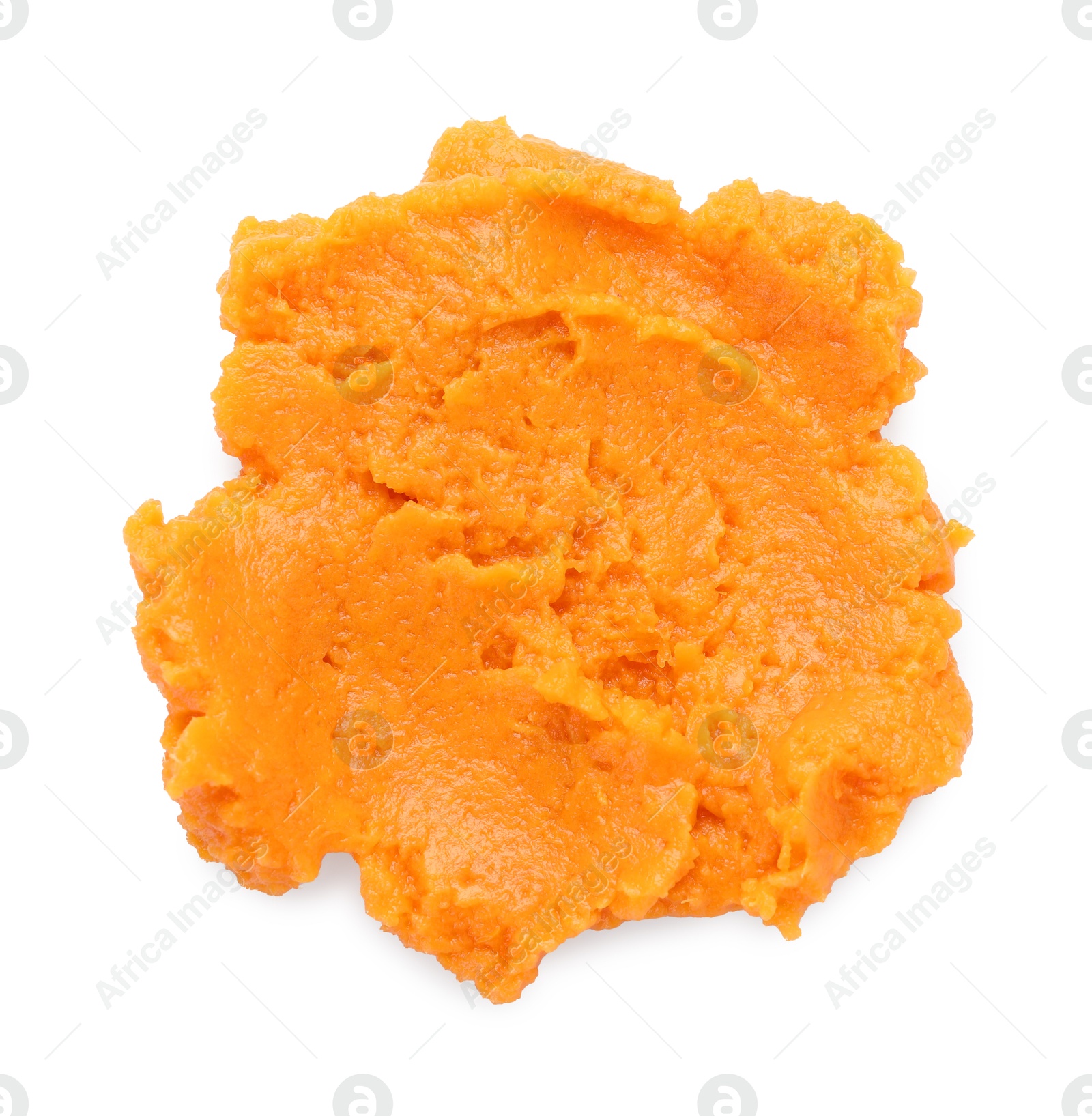 Photo of Delicious mashed sweet potatoes isolated on white, top view