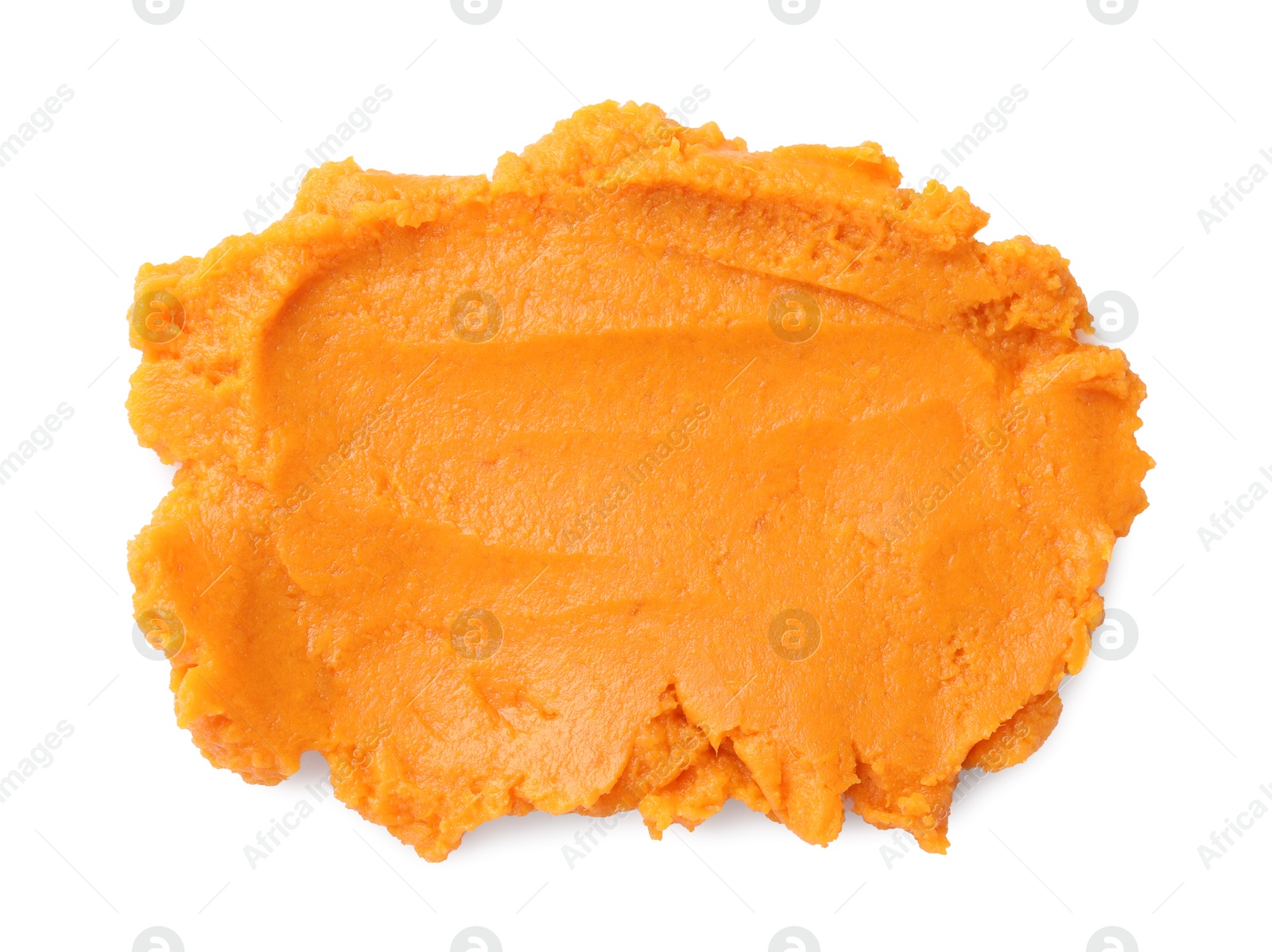 Photo of Delicious mashed sweet potatoes isolated on white, top view