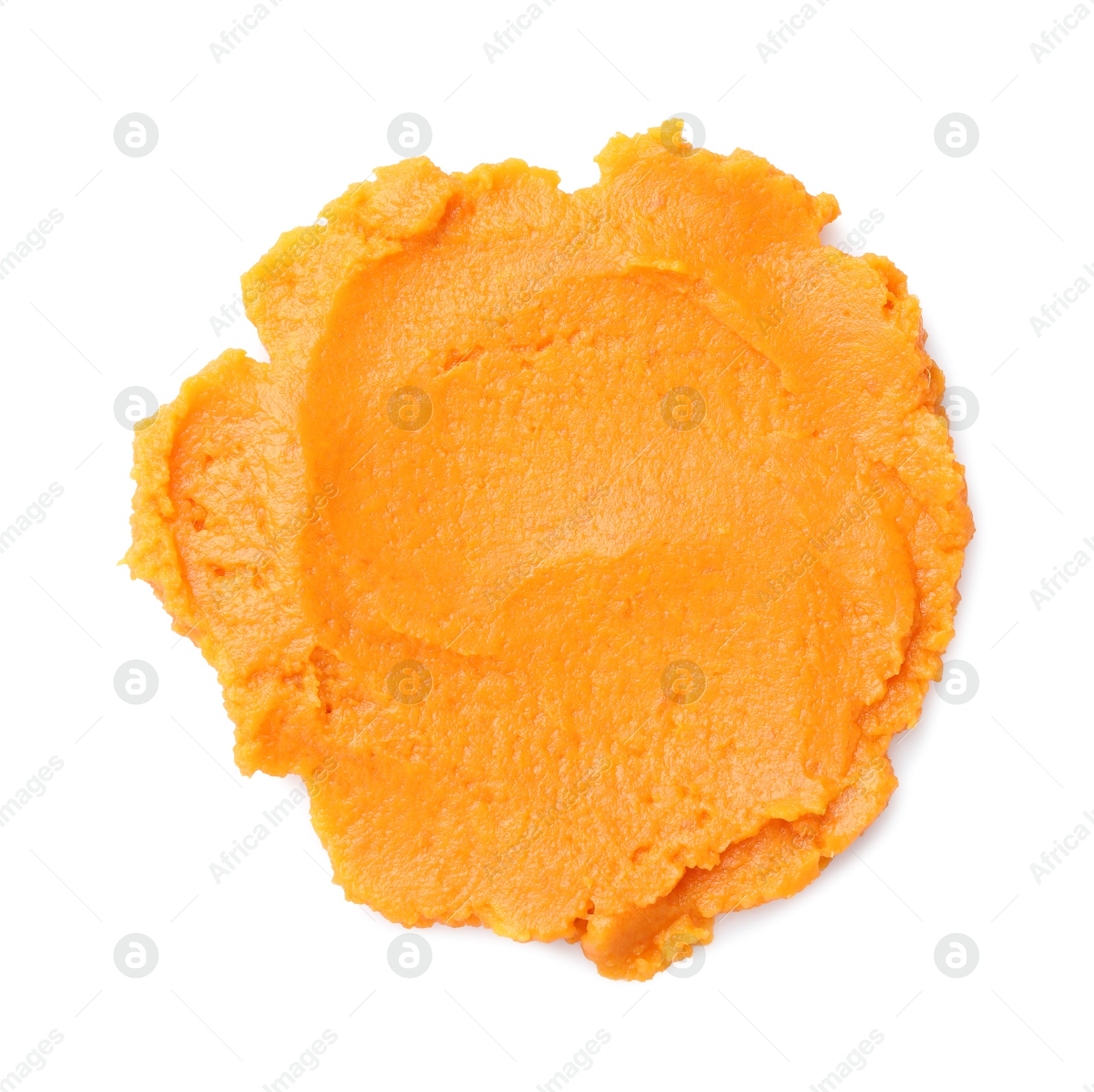 Photo of Delicious mashed sweet potatoes isolated on white, top view