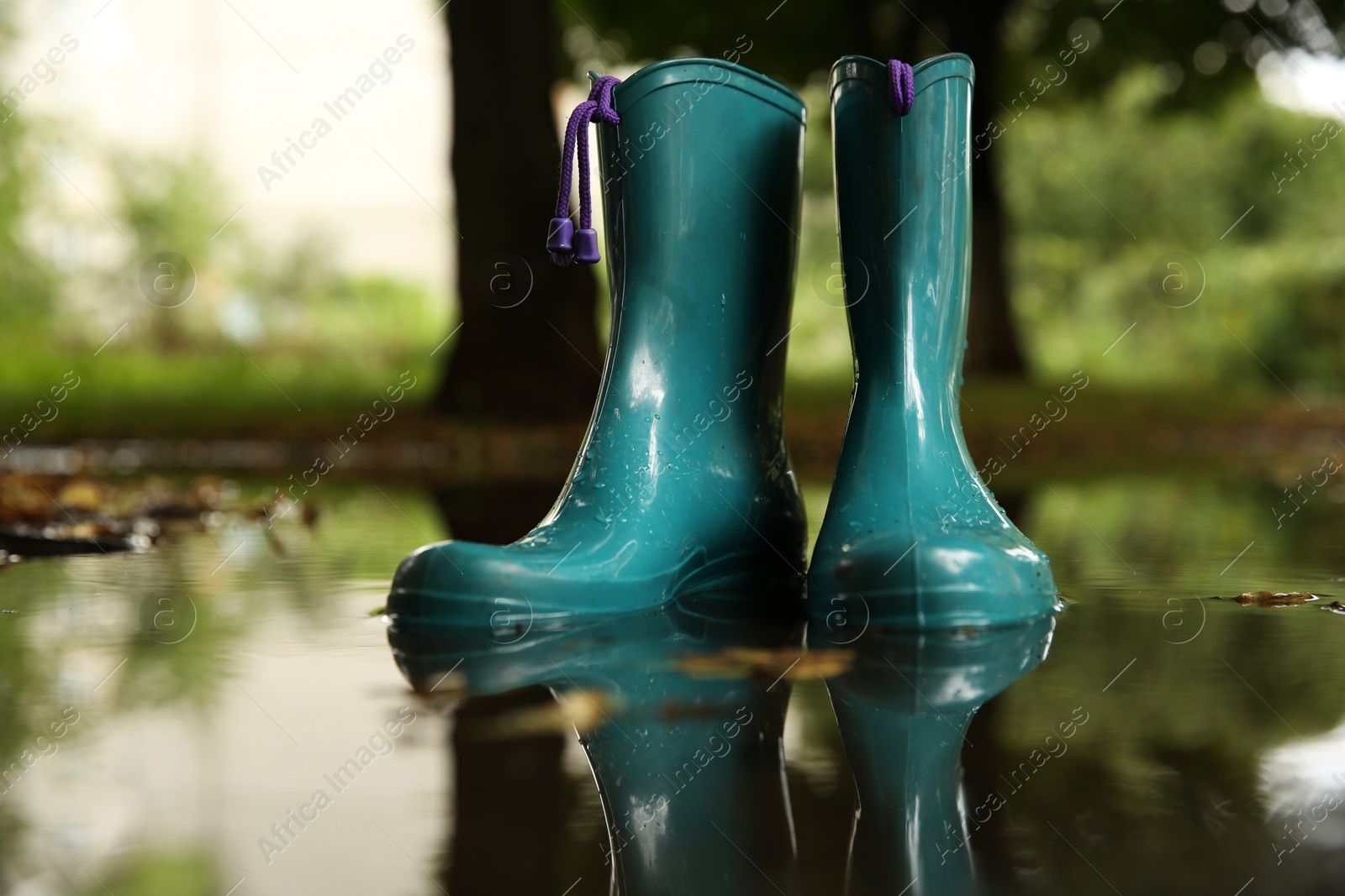 Photo of Pair of colorful rubber boots in puddle outdoors