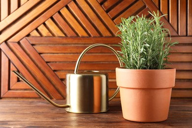 Photo of Aromatic rosemary plant in pot and watering can on wooden table