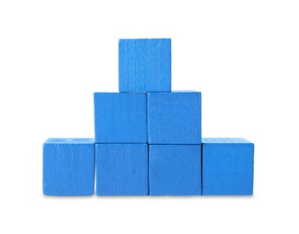 Photo of Many blue wooden cubes isolated on white