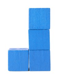 Photo of Many blue wooden cubes isolated on white