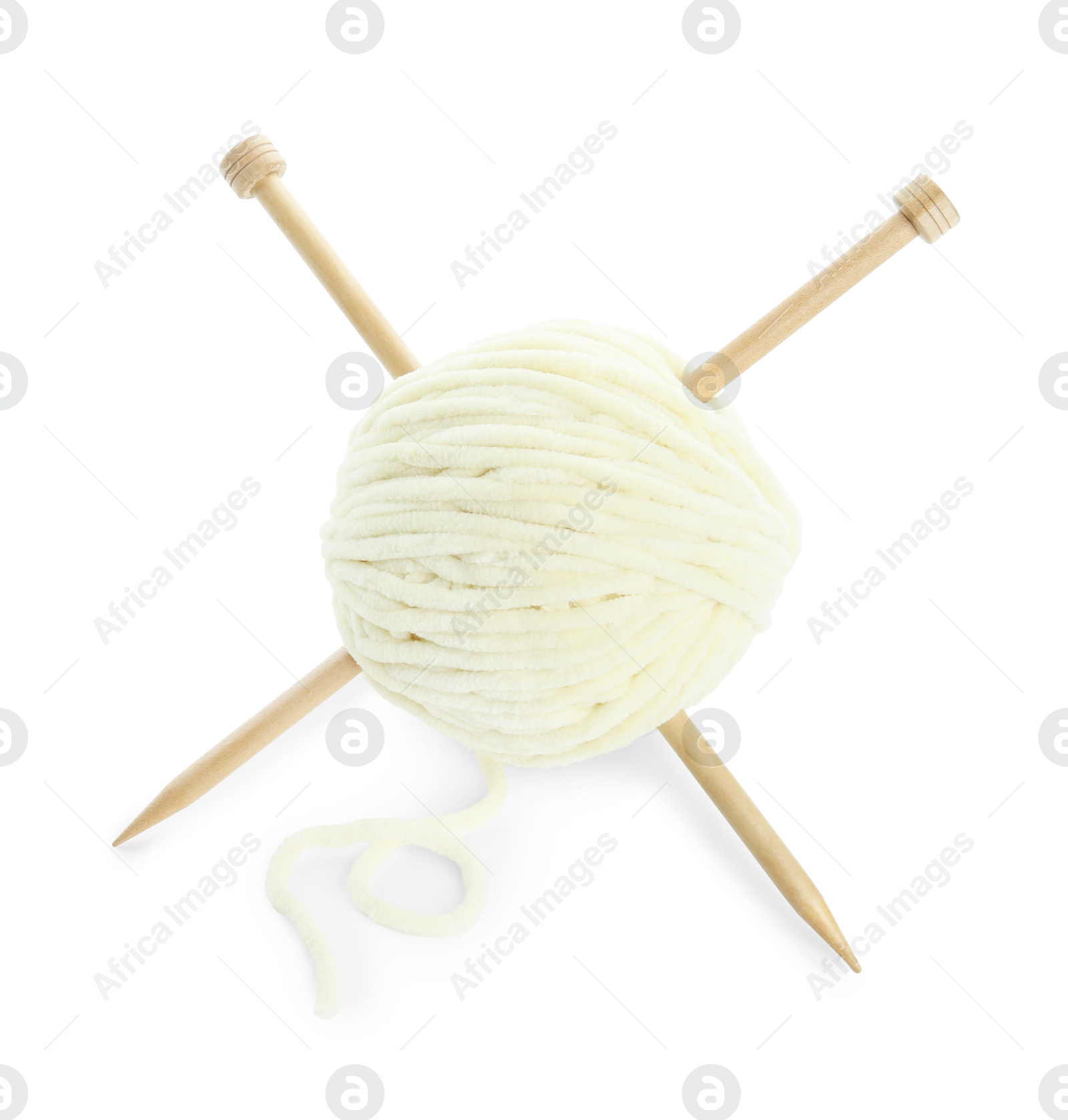 Photo of Skein of soft yarn and knitting needles isolated on white