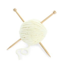 Photo of Skein of soft yarn and knitting needles isolated on white