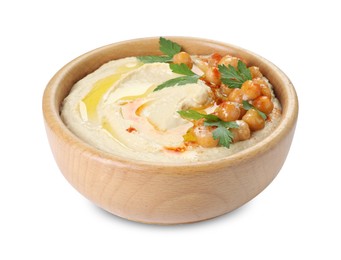 Photo of Delicious hummus with olive oil, chickpeas and parsley isolated on white