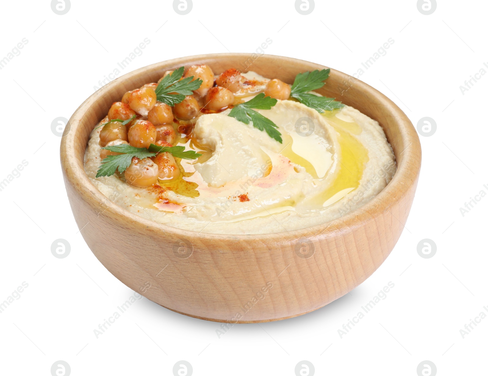 Photo of Delicious hummus with olive oil, chickpeas and parsley isolated on white