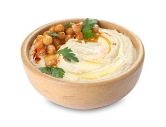 Photo of Delicious hummus with olive oil, chickpeas and parsley isolated on white