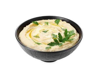 Photo of Delicious hummus with olive oil and parsley isolated on white