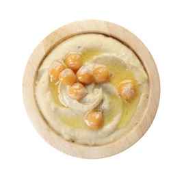 Photo of Delicious hummus with olive oil and chickpeas isolated on white, top view