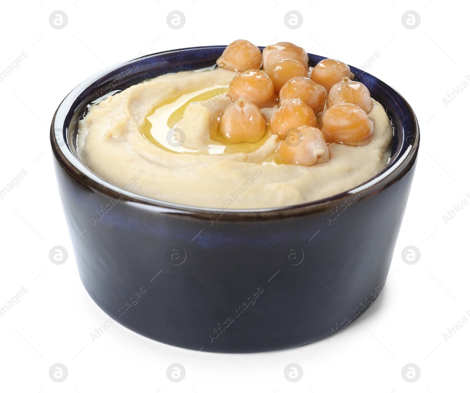 Photo of Delicious hummus with olive oil and chickpeas isolated on white