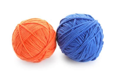 Photo of Two colorful balls of yarns isolated on white, above view