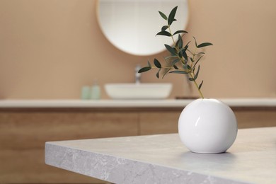 Photo of Round vase with green twig on table in bathroom. Space for text