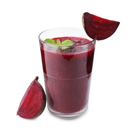 Tasty beetroot smoothie with mint in glass and pieces of fresh vegetable isolated on white. Vegan drink