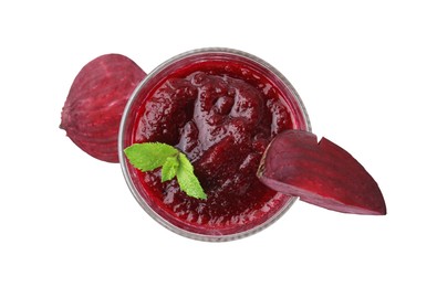 Photo of Tasty beetroot smoothie with mint in glass and pieces of fresh vegetable isolated on white, top view. Vegan drink